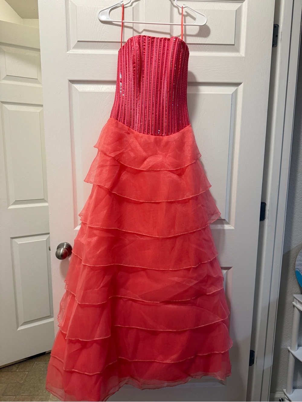 Coral Pink Tiered Ruffle Party Dress with Sequin Bodice